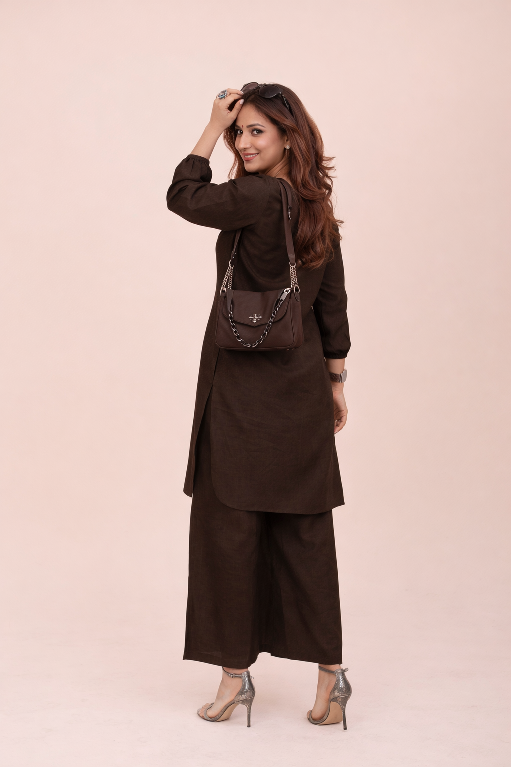 Brown Cotton Kurta Set for Women – Relaxed Fit V-Neck | Everyday Office Wear