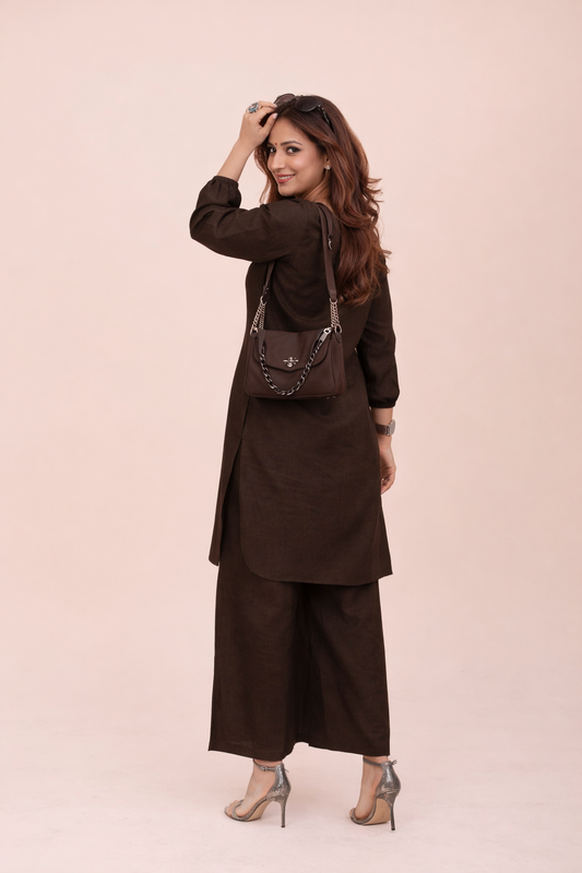 Brown Cotton Kurta Set for Women – Relaxed Fit V-Neck | Everyday Office Wear