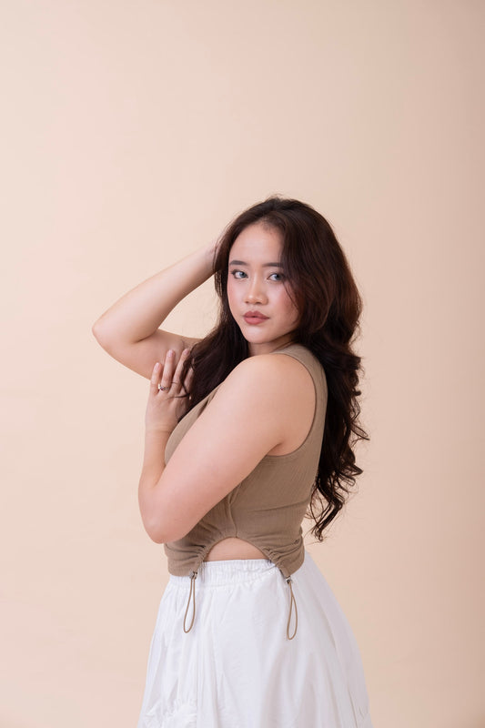 COFFEE RUCHED TANK TOP WITH INBUILT PADS