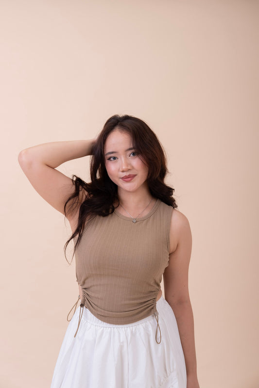 COFFEE RUCHED TANK TOP WITH INBUILT PADS