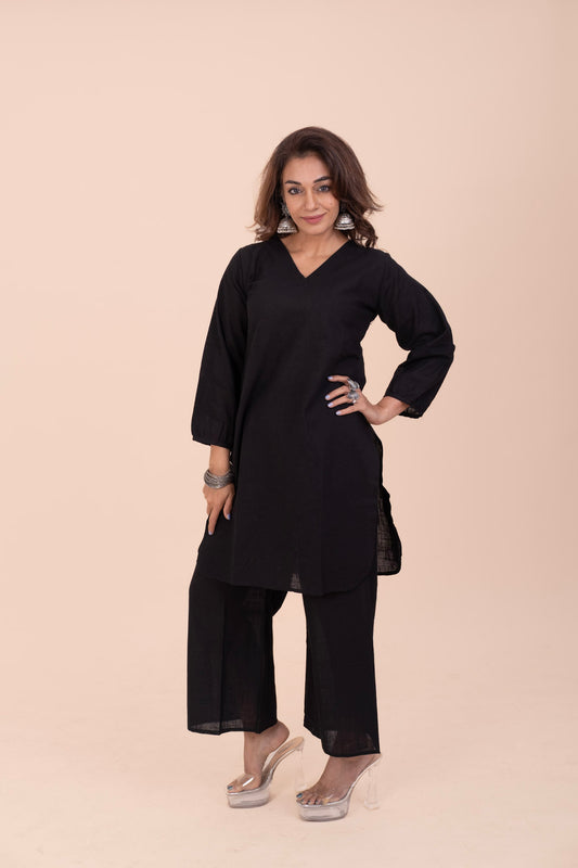 Black Cotton Kurta Set for women - Relaxed Fit, V-Neck & Palazzo Pants | Office Wear