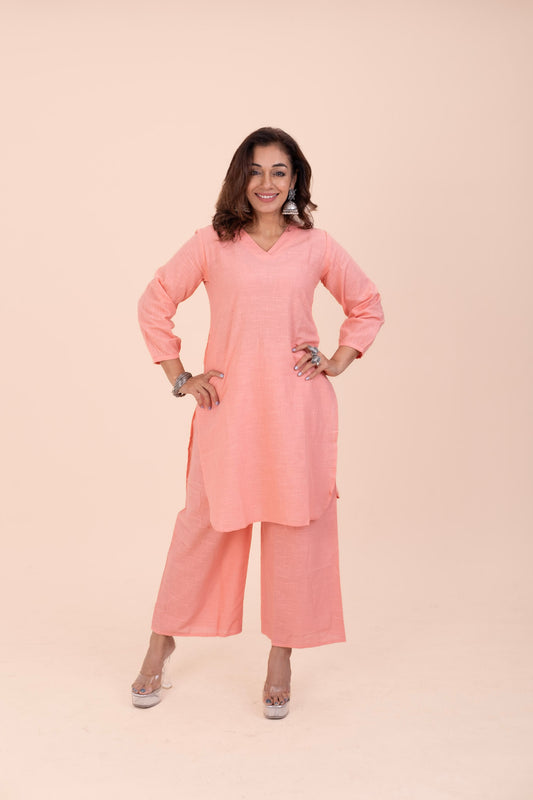 Peach Cotton Kurta Set