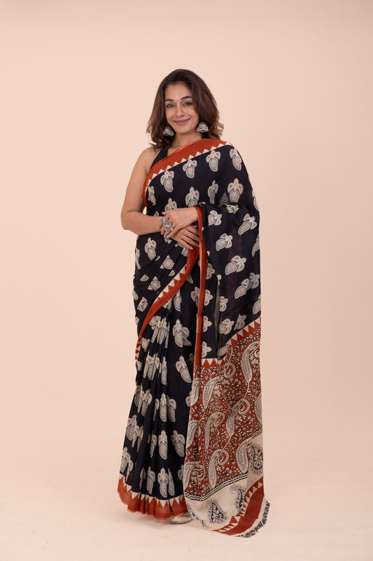 BLACK BAGRU PRINT COTTON SAREE