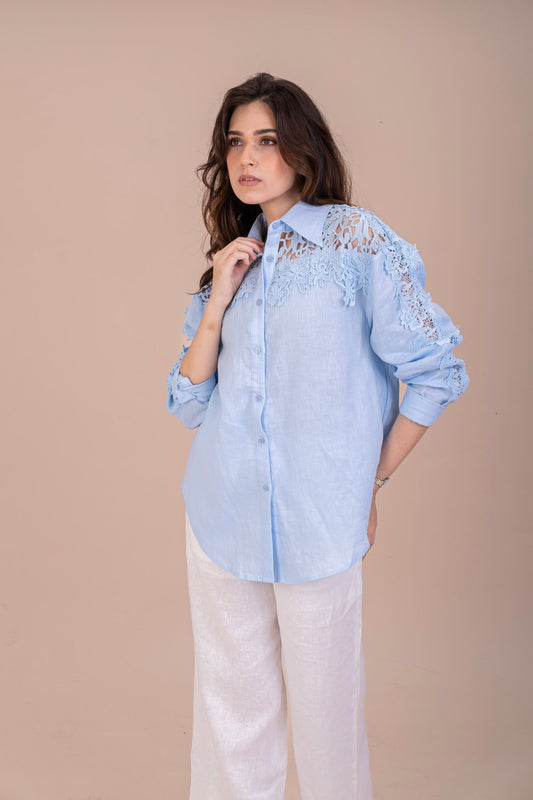 FLORAL LACE BLUE LINEN SHIRT