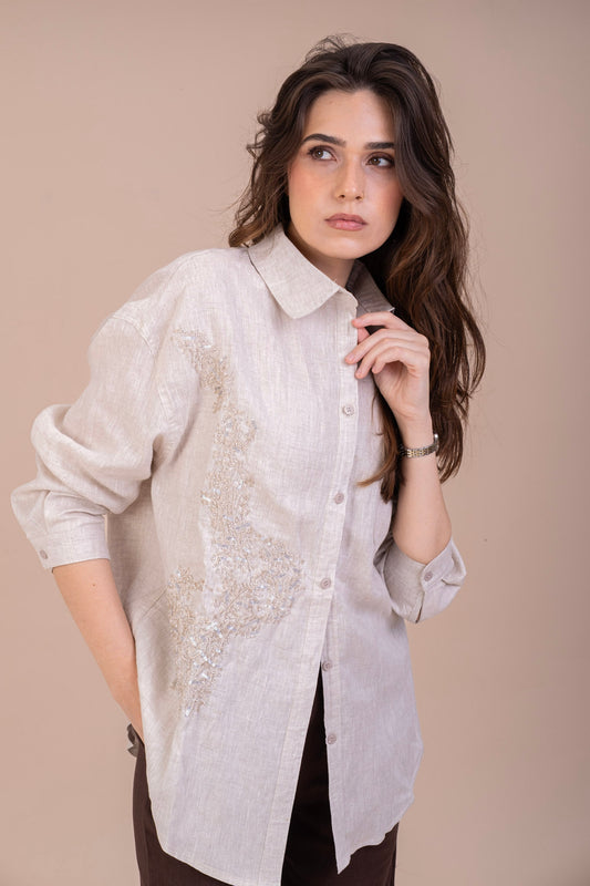 EMBROIDERED NATURAL LINEN SHIRT - Pure Linen | Oversized Fit