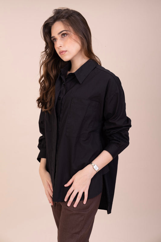 BLACK OVERSIZED SHIRT β High Low Cotton Top