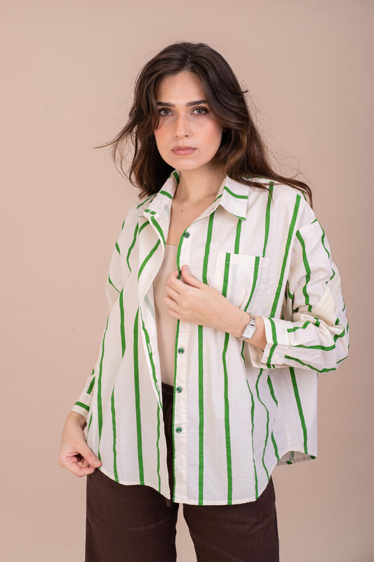 STRIPPED BUTTON-UP LACE SHIRT