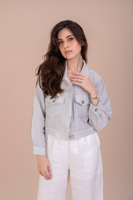 PASTEL CARGO CROP SHIRT - POWDER BLUE