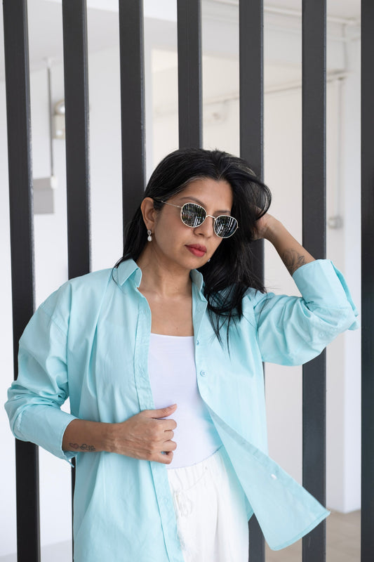 TIFFANY BLUE COTTON SHIRT β Button-Up High-Low Hem | Everyday & Office Wear