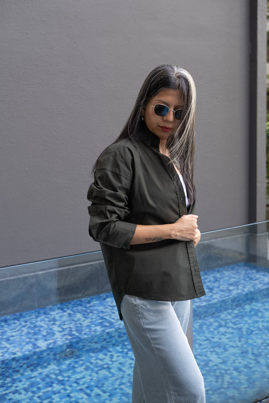 OLIVE GREEN COTTON SHIRT β Button-Up with High-Low Hem | Everyday & Workwear Style