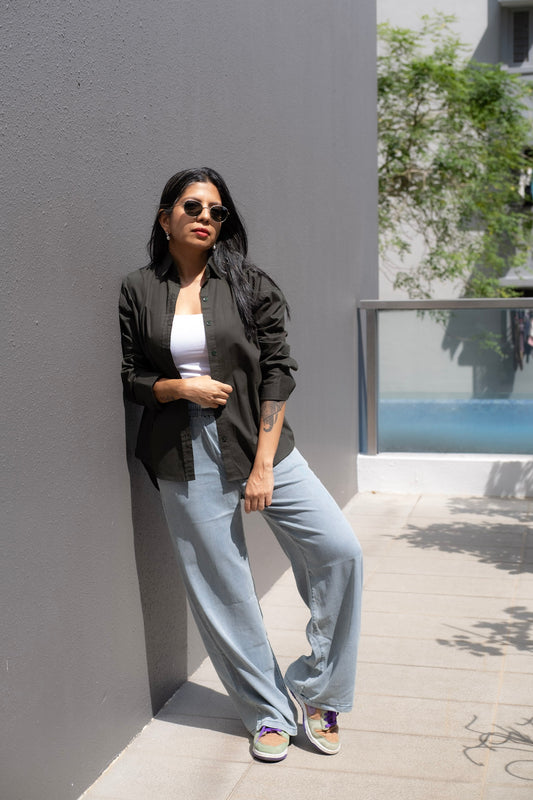 OLIVE GREEN COTTON SHIRT – Button-Up with High-Low Hem | Everyday & Workwear Style