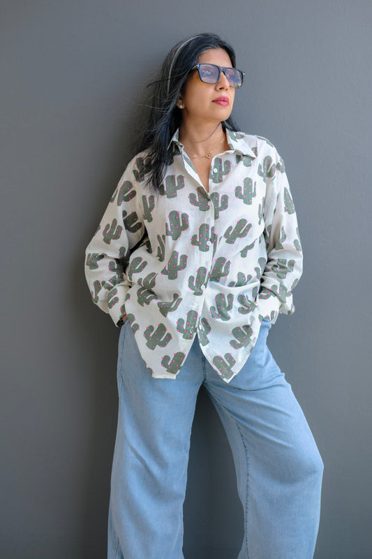 🌵 Sarah Cacti Cotton Mul Shirt - Summer Shirt for Women