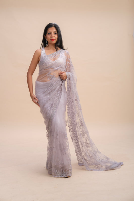 MAUVE EMBROIDERED NET SAREE