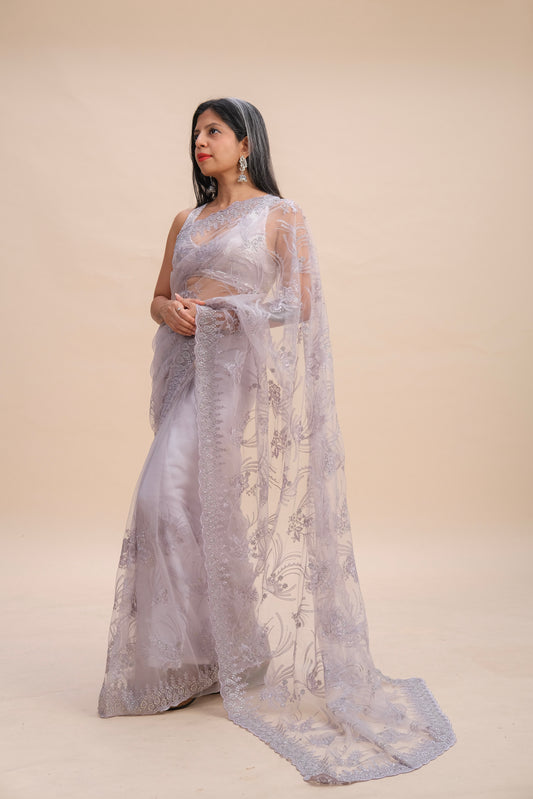 MAUVE EMBROIDERED NET SAREE
