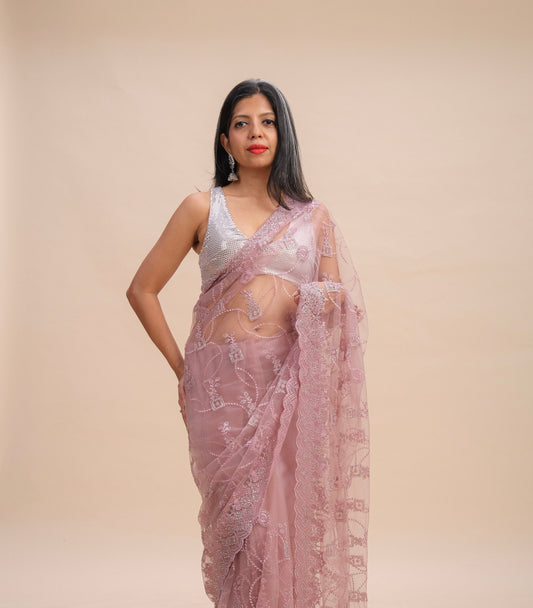 PINK EMBROIDERED NET SAREE