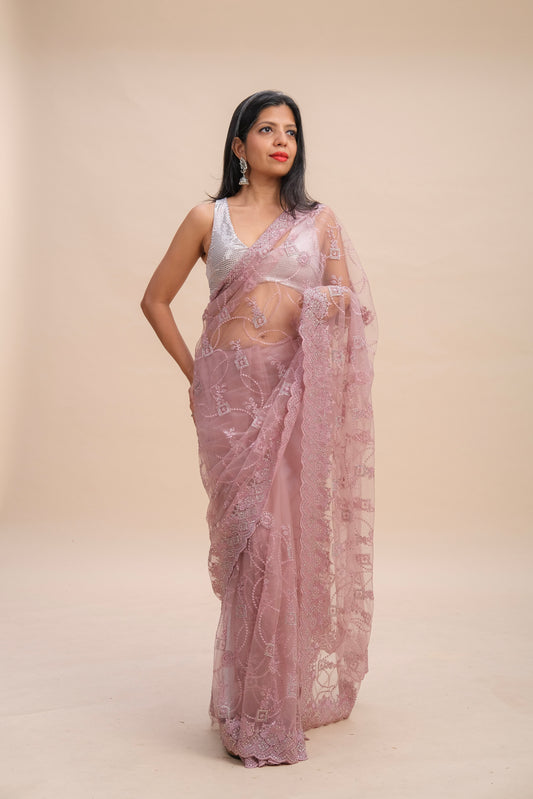 PINK EMBROIDERED NET SAREE