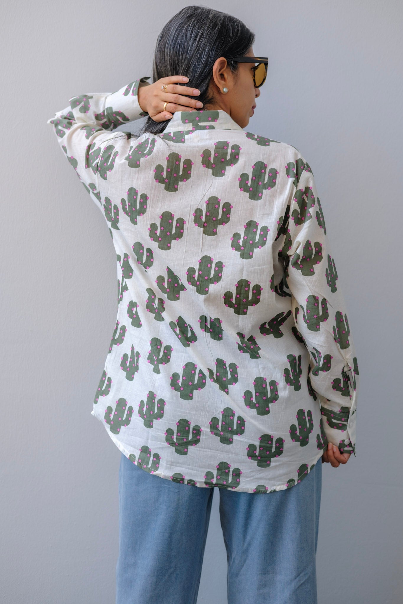🌵 Soft Cotton Cactus Print Shirt with Pink Pocket for Women