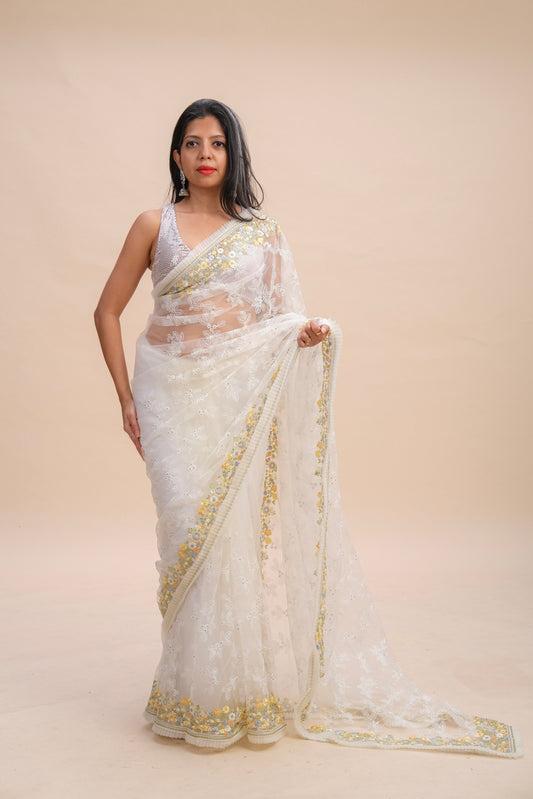 WHITE ROSE EMBROIDERED SAREE