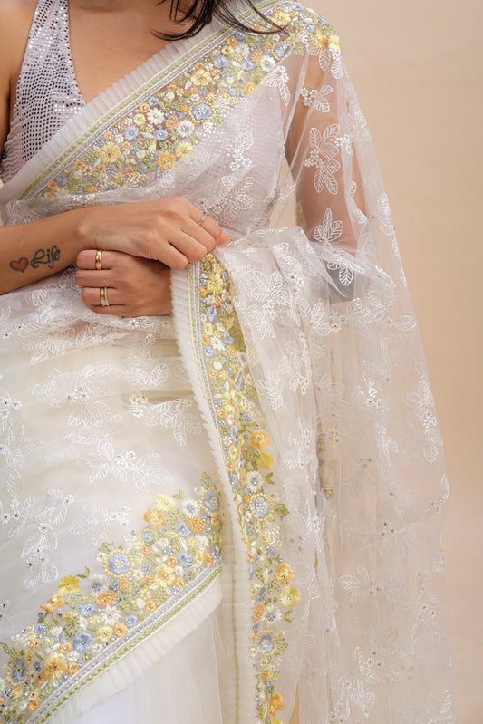 WHITE ROSE EMBROIDERED SAREE