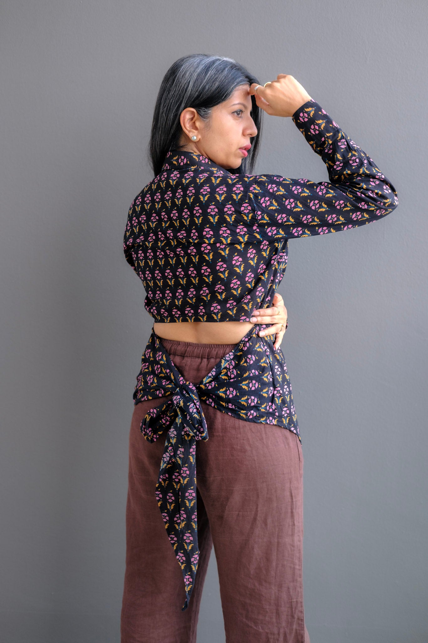 Petal Panic – Black Block Printed Tie-Back Cotton Shirt for Women