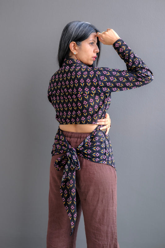 Petal Panic β Black Block Printed Tie-Back Cotton Shirt for Women