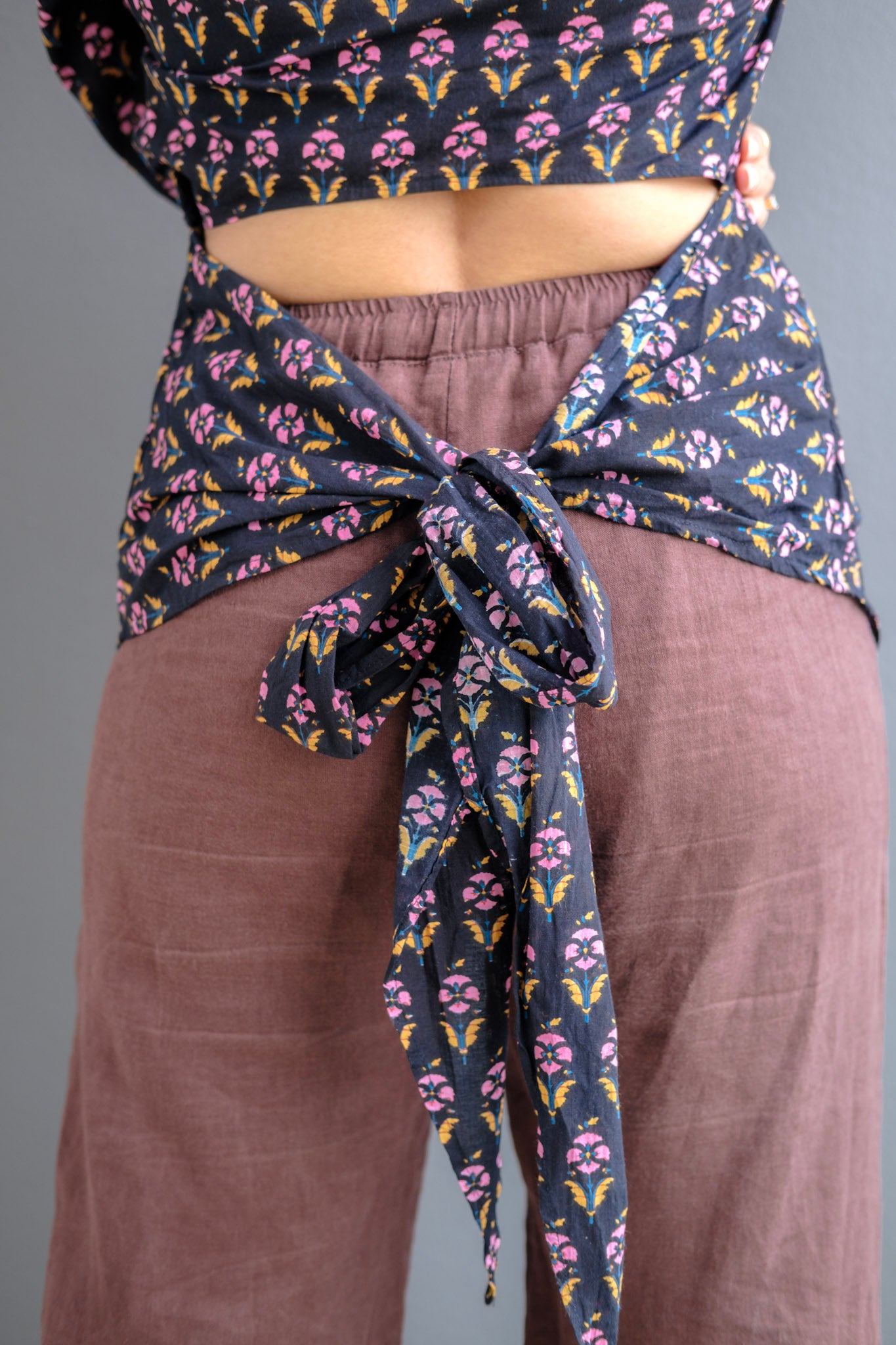 Petal Panic – Black Block Printed Tie-Back Cotton Shirt for Women