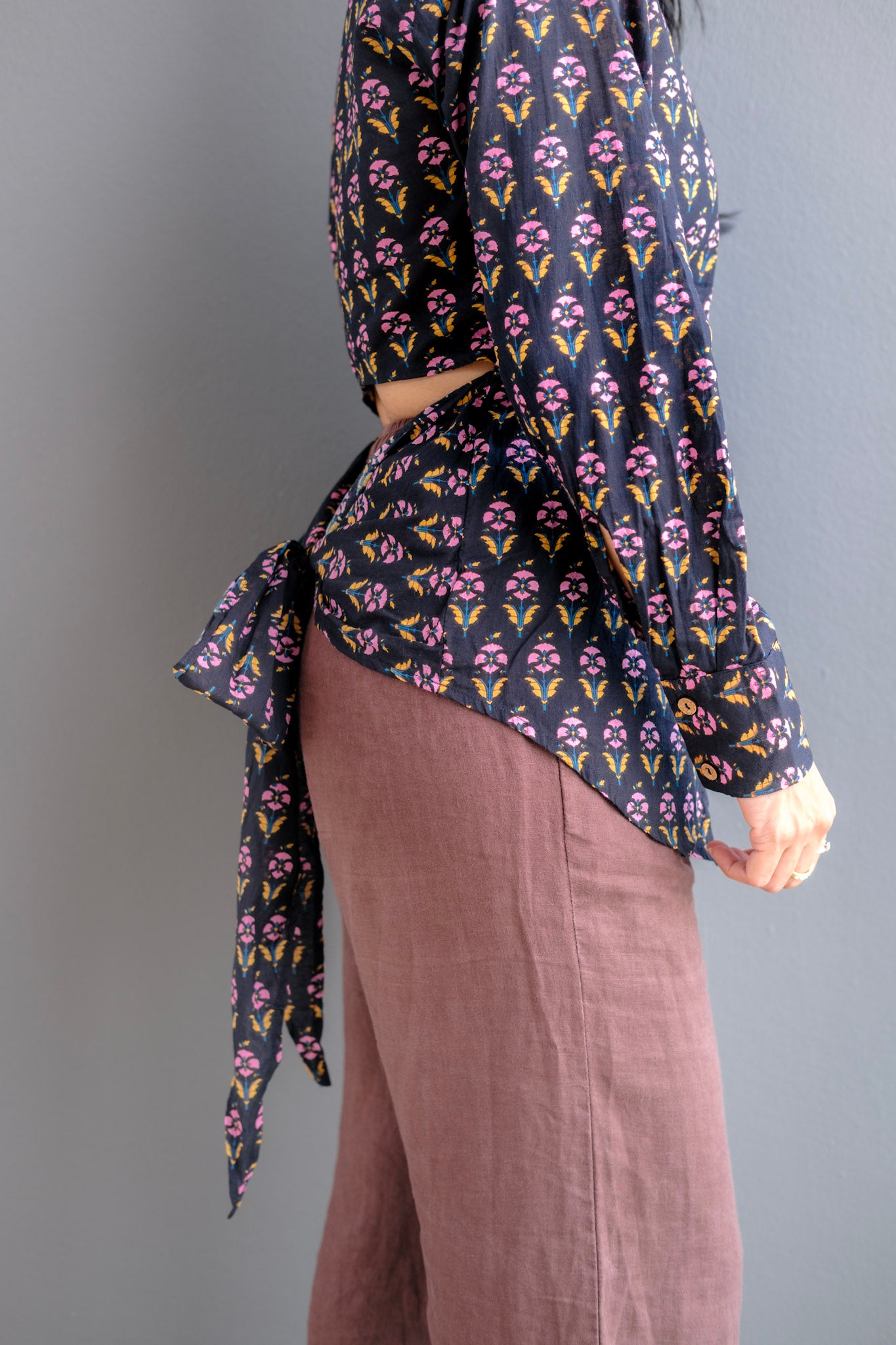 Petal Panic – Black Block Printed Tie-Back Cotton Shirt for Women