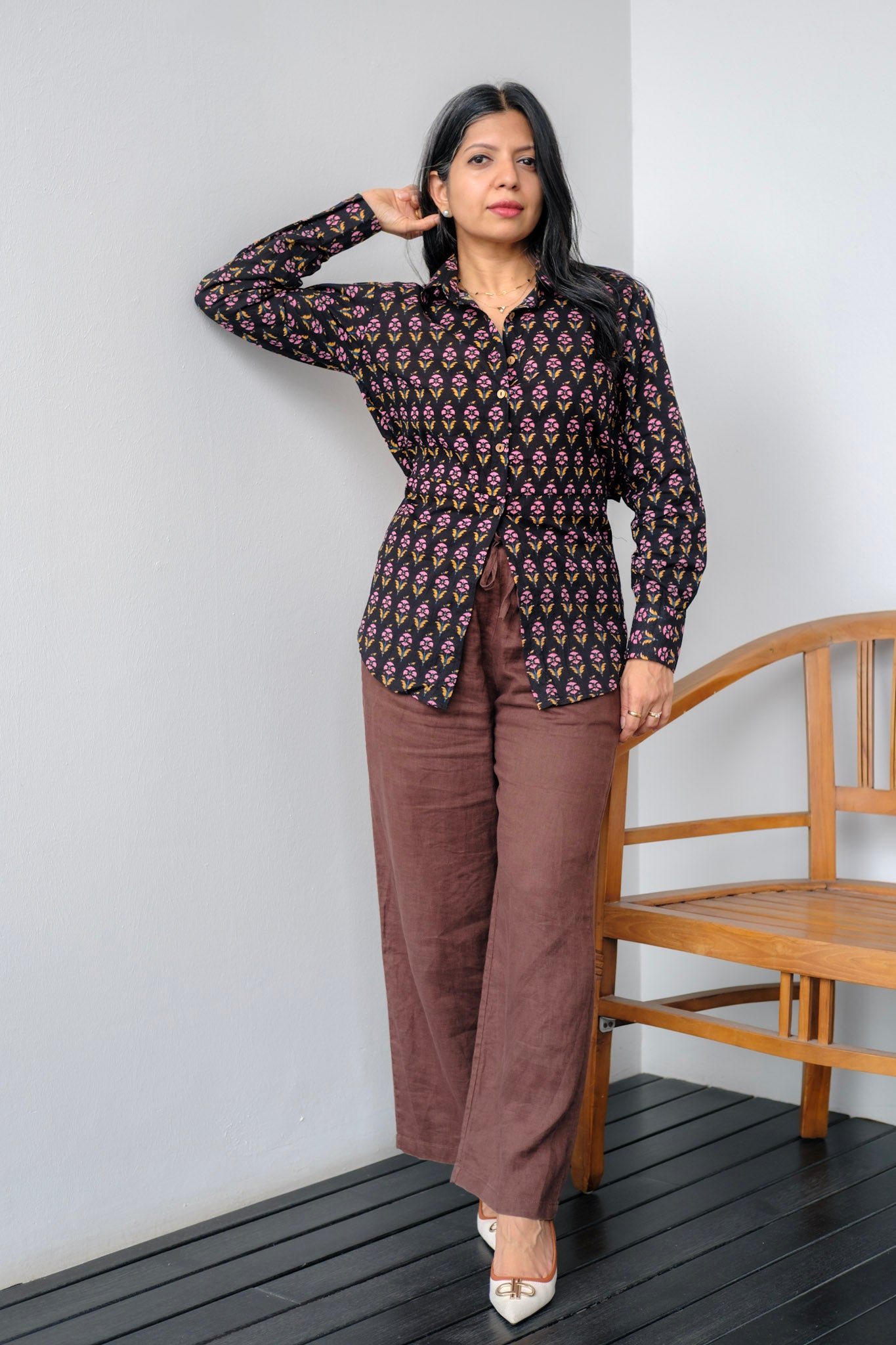 Petal Panic – Black Block Printed Tie-Back Cotton Shirt for Women