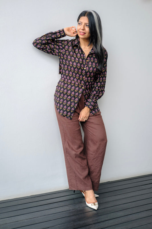 Petal Panic – Black Block Printed Tie-Back Cotton Shirt for Women