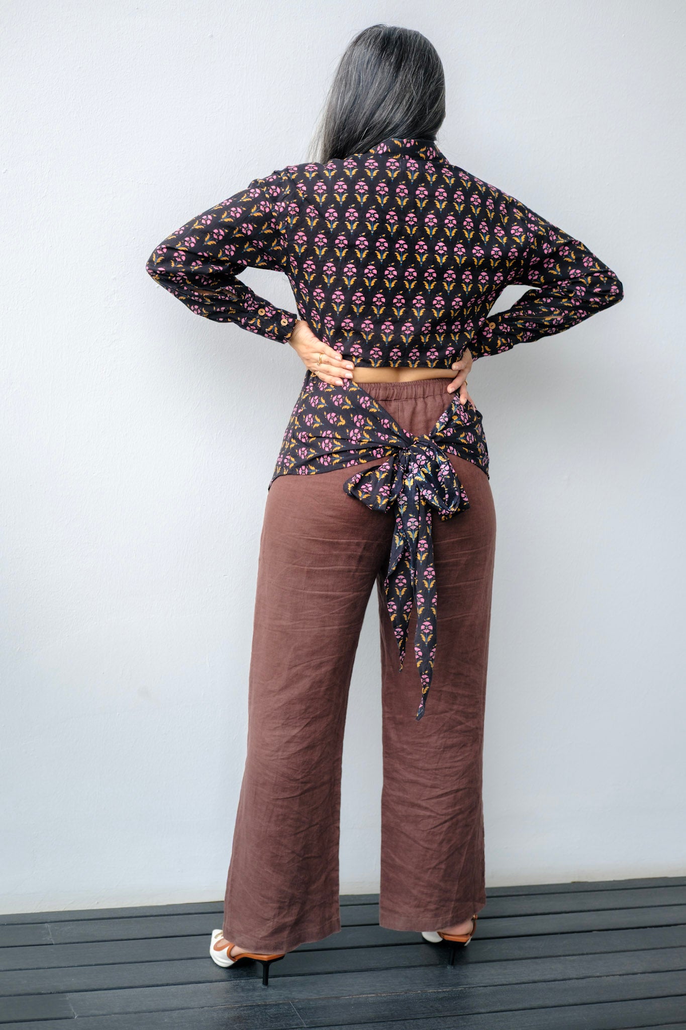 Petal Panic – Black Block Printed Tie-Back Cotton Shirt for Women