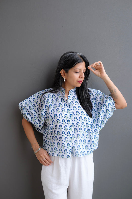 Indie Bloom - Hand Block Printed Cotton Puff Sleeve Shirt for Women
