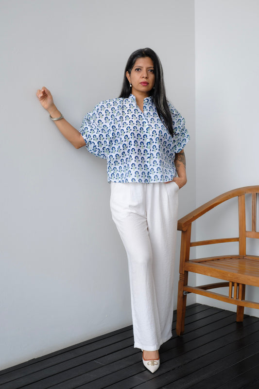 Indie Bloom - Hand Block Printed Cotton Puff Sleeve Shirt for Women