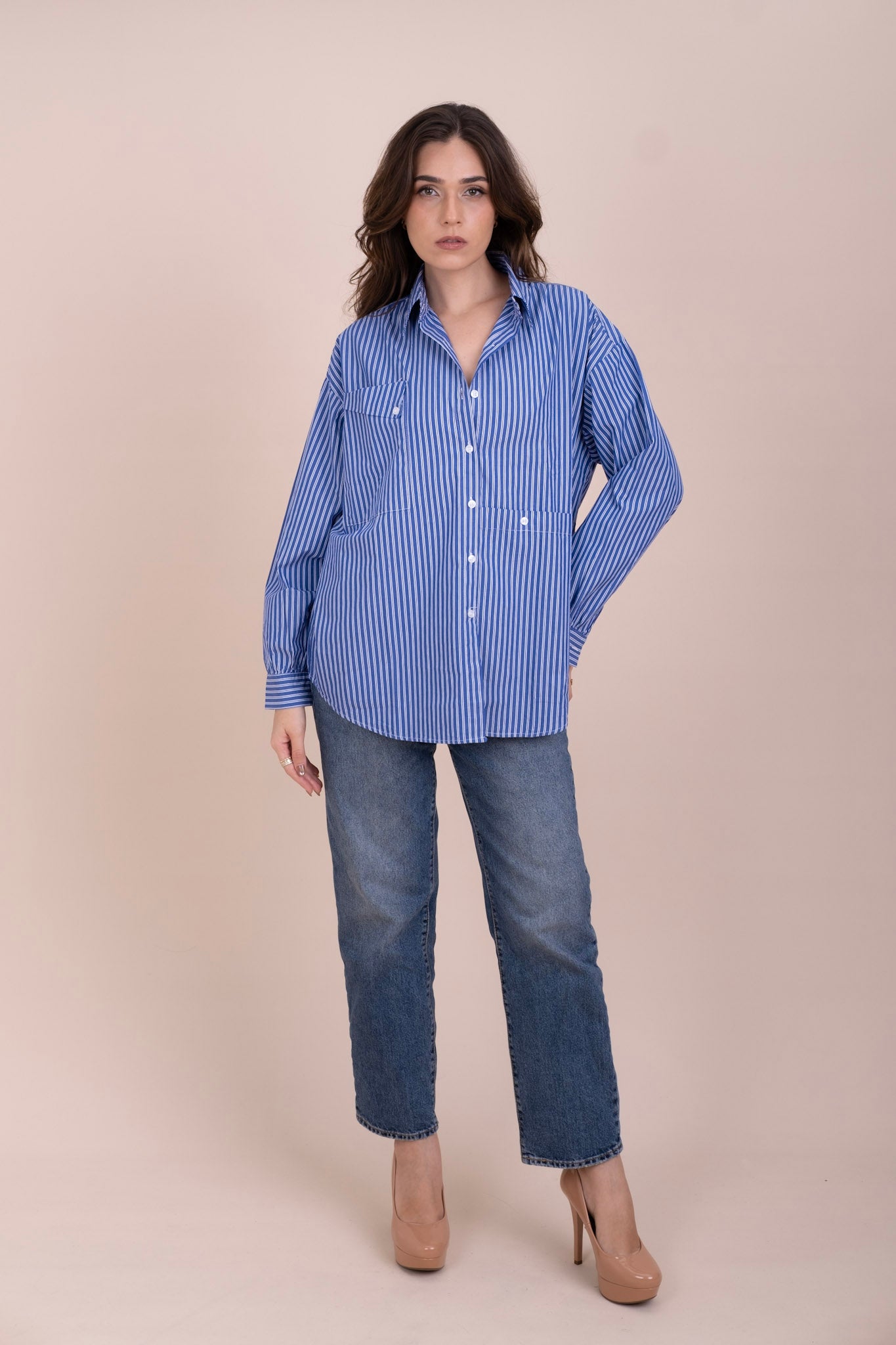 STRIPE & SEEK | Blue Oversized Cotton Shirt for Women