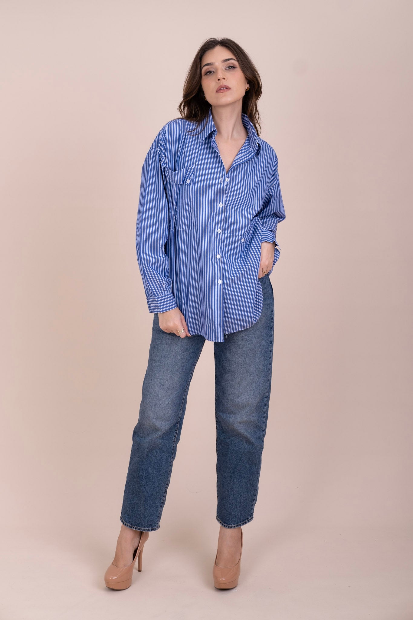 STRIPE & SEEK | Blue Oversized Cotton Shirt for Women