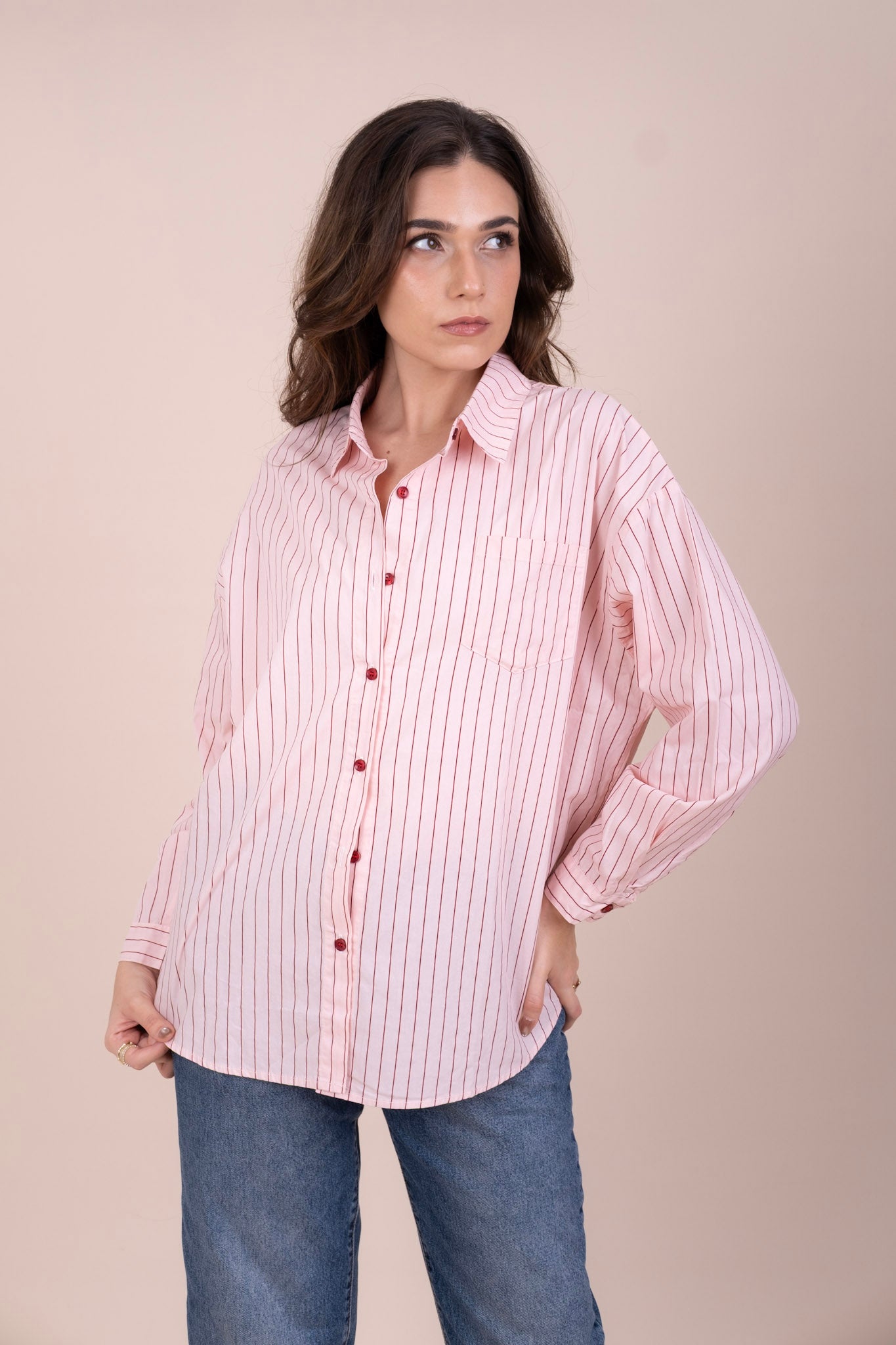 Women's pink pinstripe oversized cotton shirt with front pocket