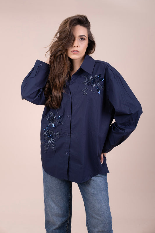 SAPPHIRE - BLUE SEQUIN LINEN SHIRT
