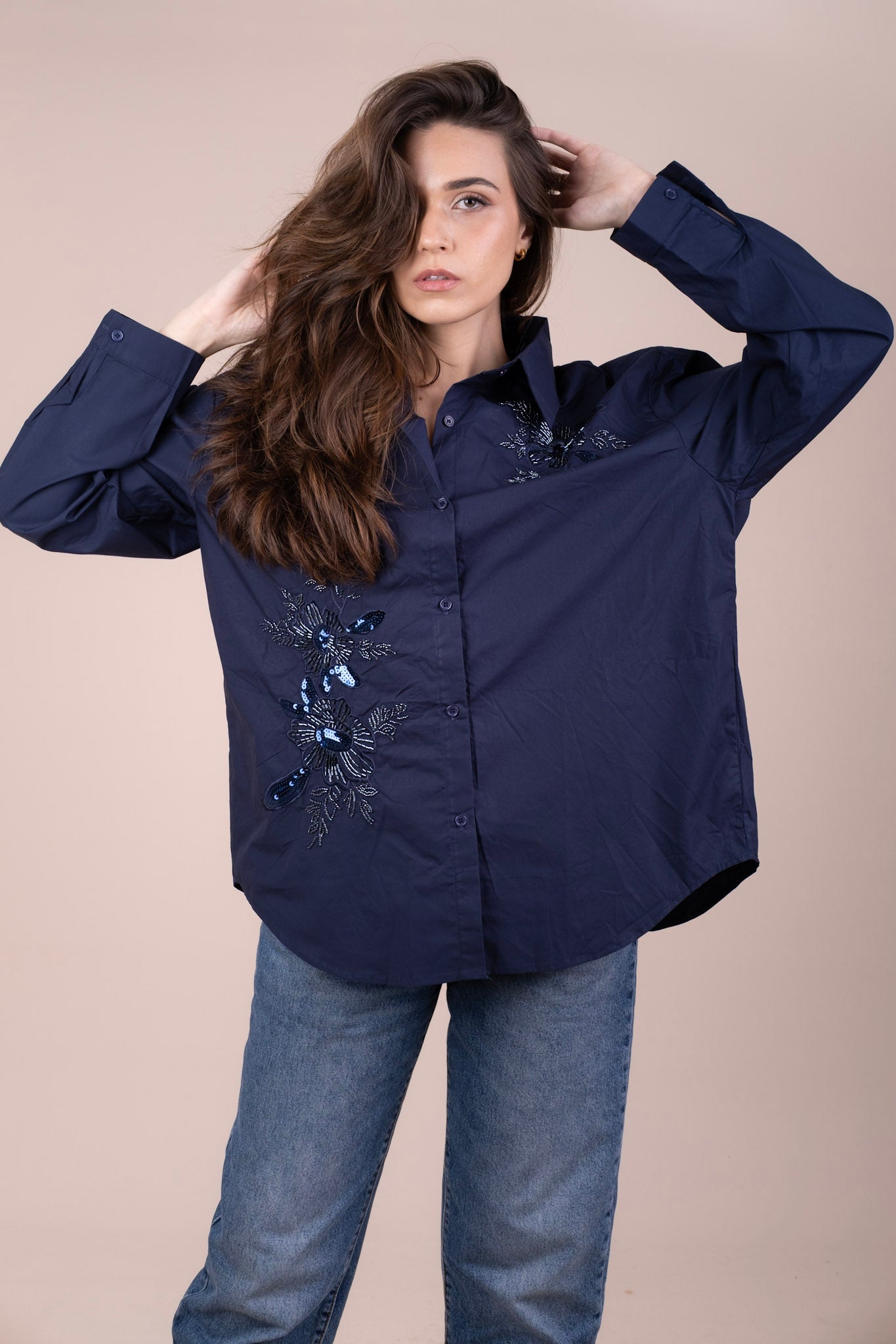 SAPPHIRE - BLUE SEQUIN LINEN SHIRT