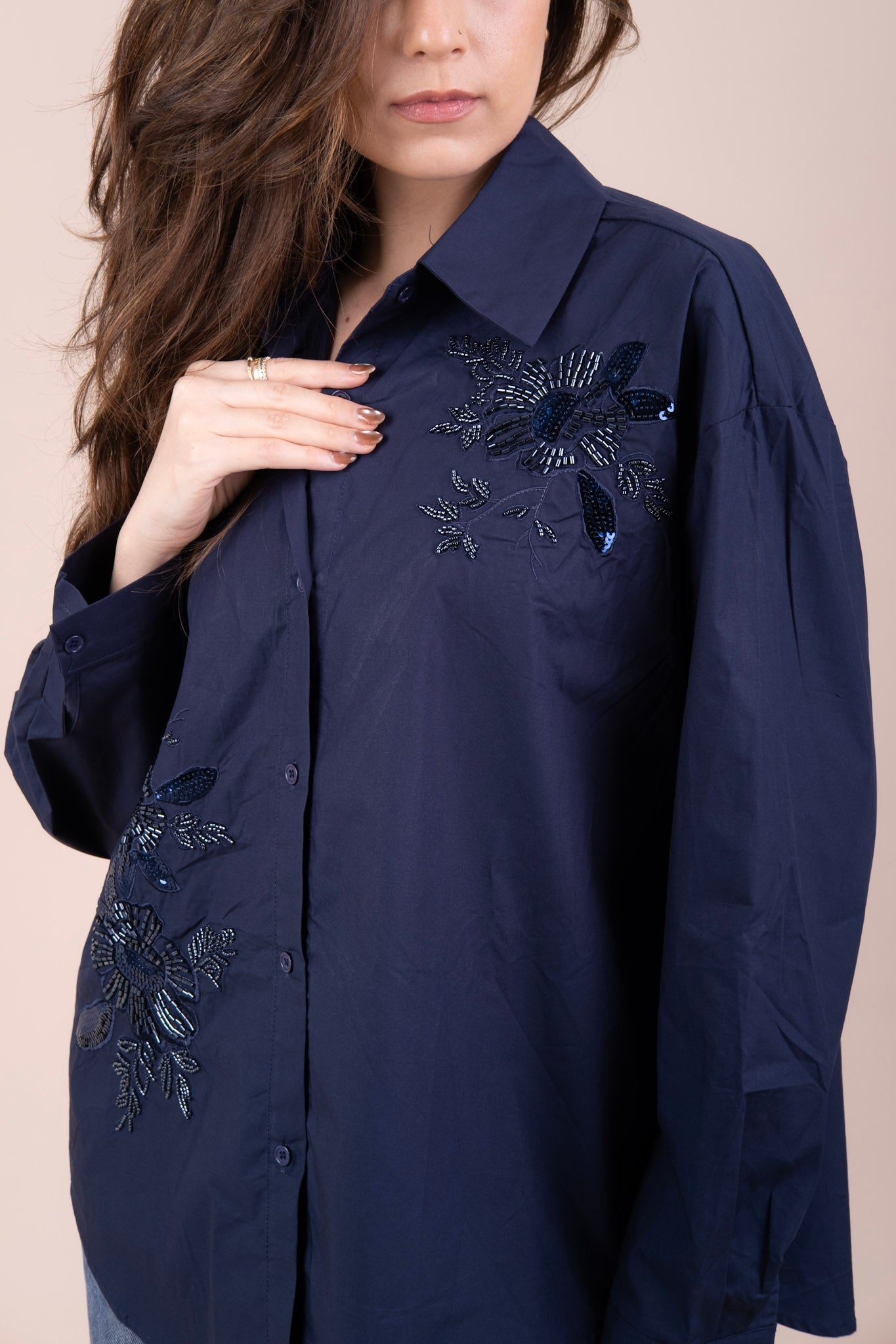 SAPPHIRE - BLUE SEQUIN LINEN SHIRT