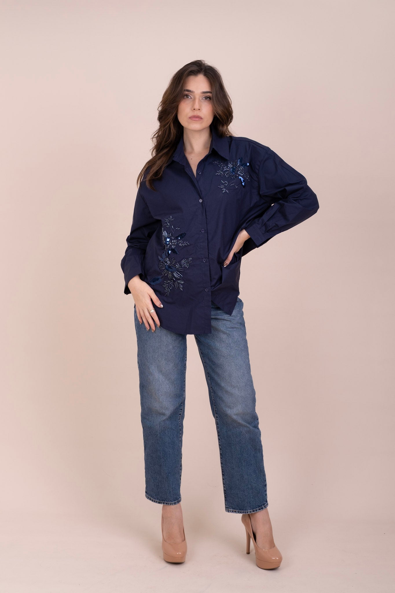 SAPPHIRE - BLUE SEQUIN LINEN SHIRT