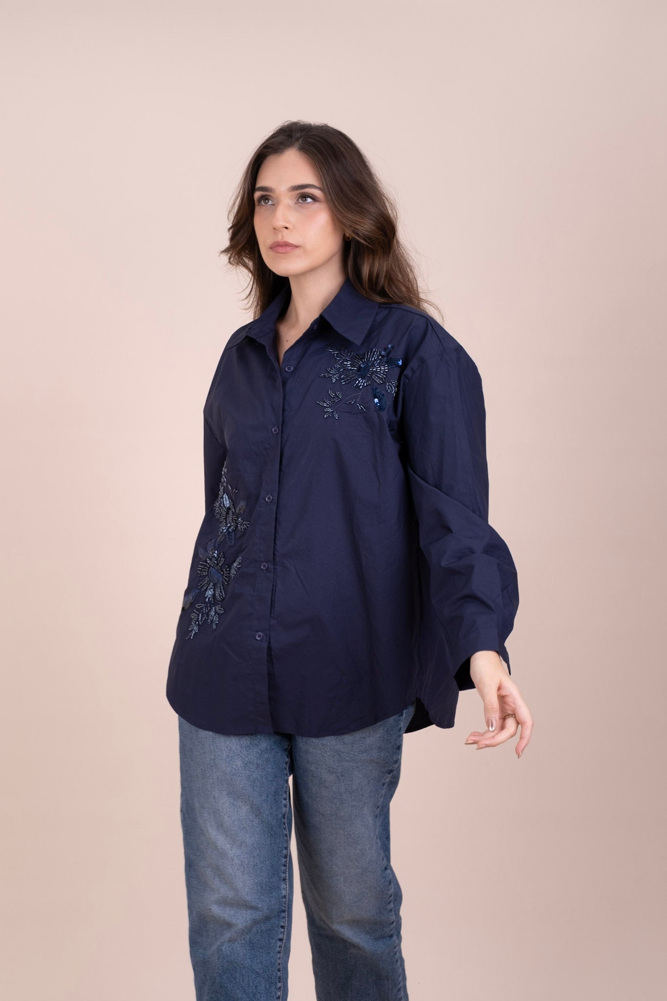 SAPPHIRE - BLUE SEQUIN LINEN SHIRT