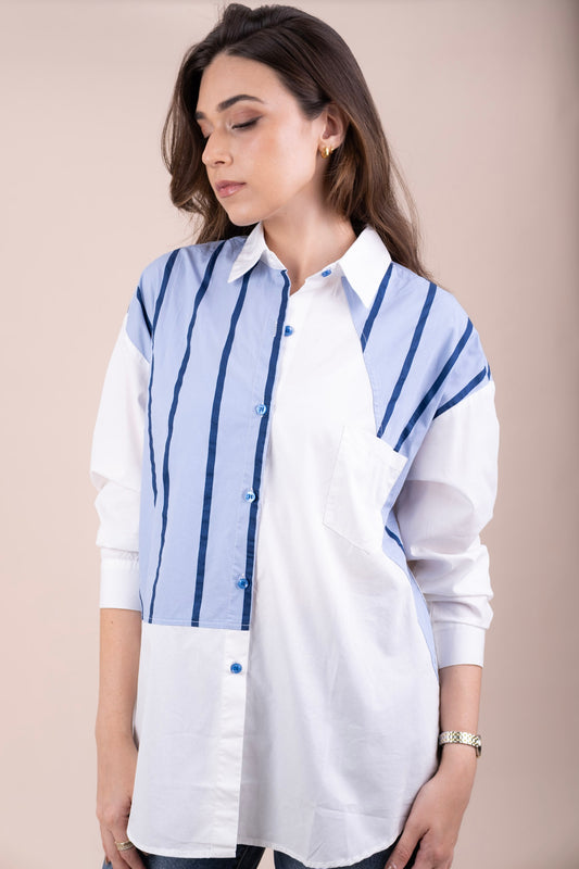 BLUE DAISY - White Cotton Shirt with Blue Stripe Detail