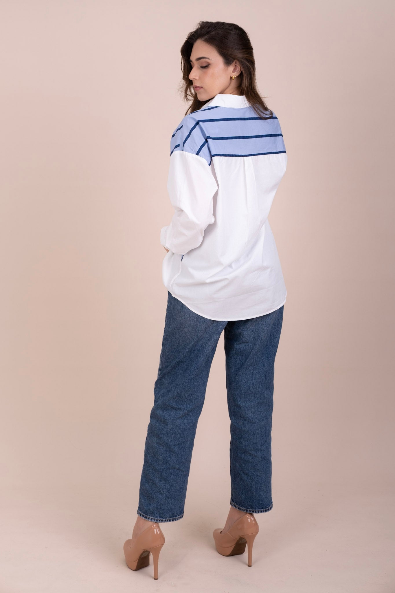 BLUE DAISY - White Cotton Shirt with Blue Stripe Detail