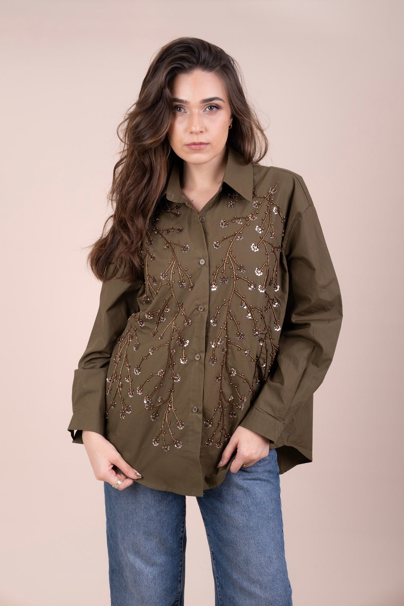 JUNIPER - OLIVE BEADED LINEN SHIRT
