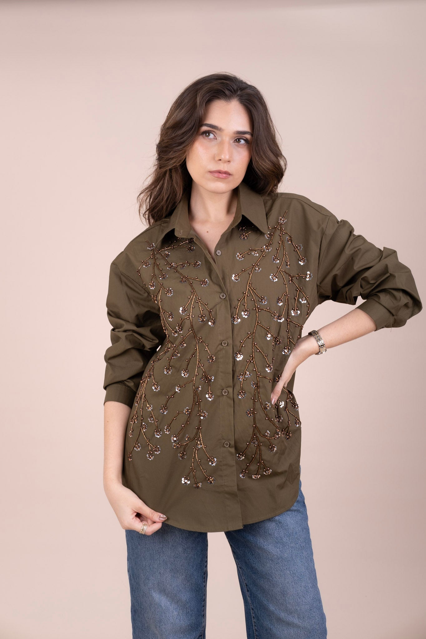 JUNIPER - OLIVE BEADED LINEN SHIRT