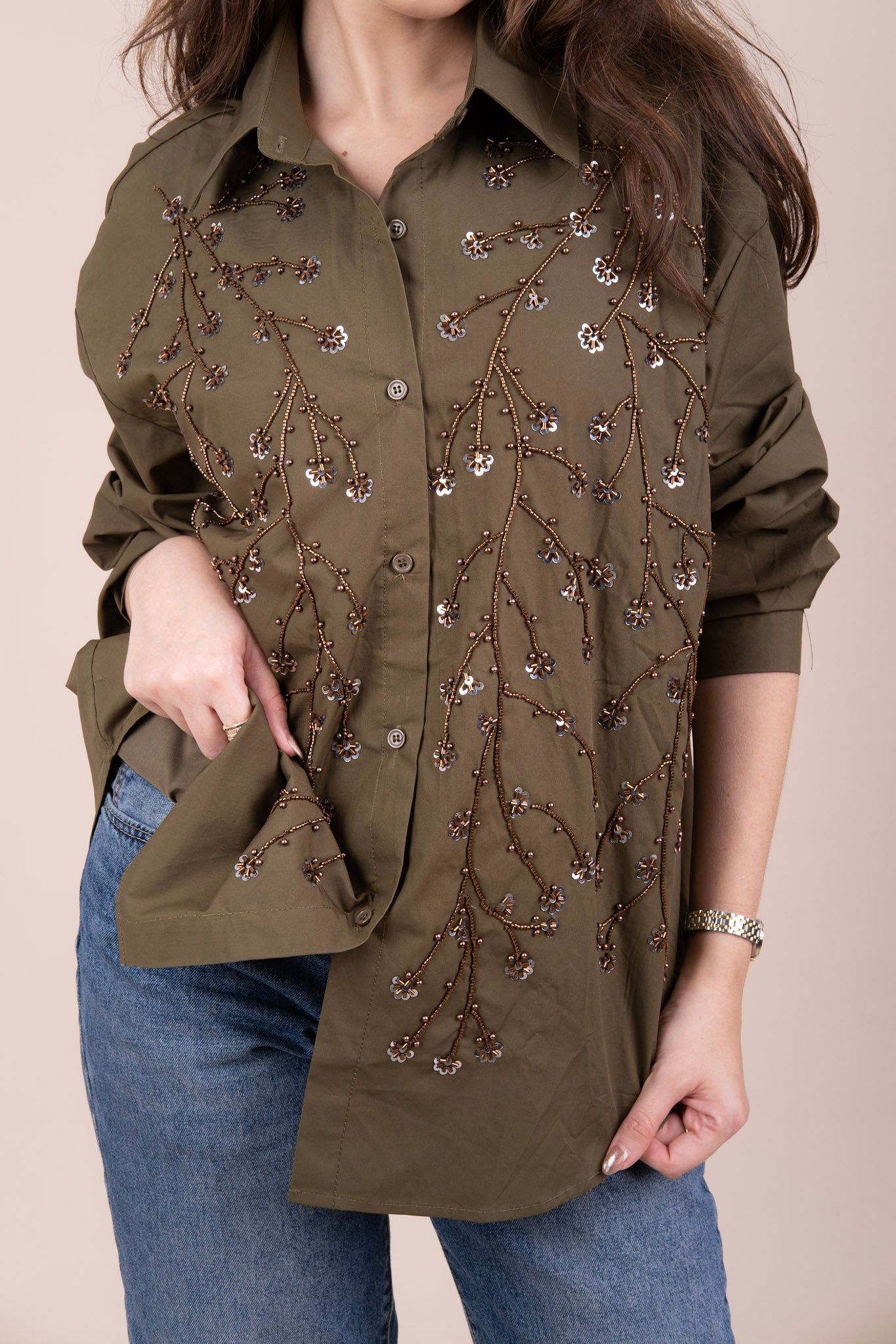 JUNIPER - OLIVE BEADED LINEN SHIRT