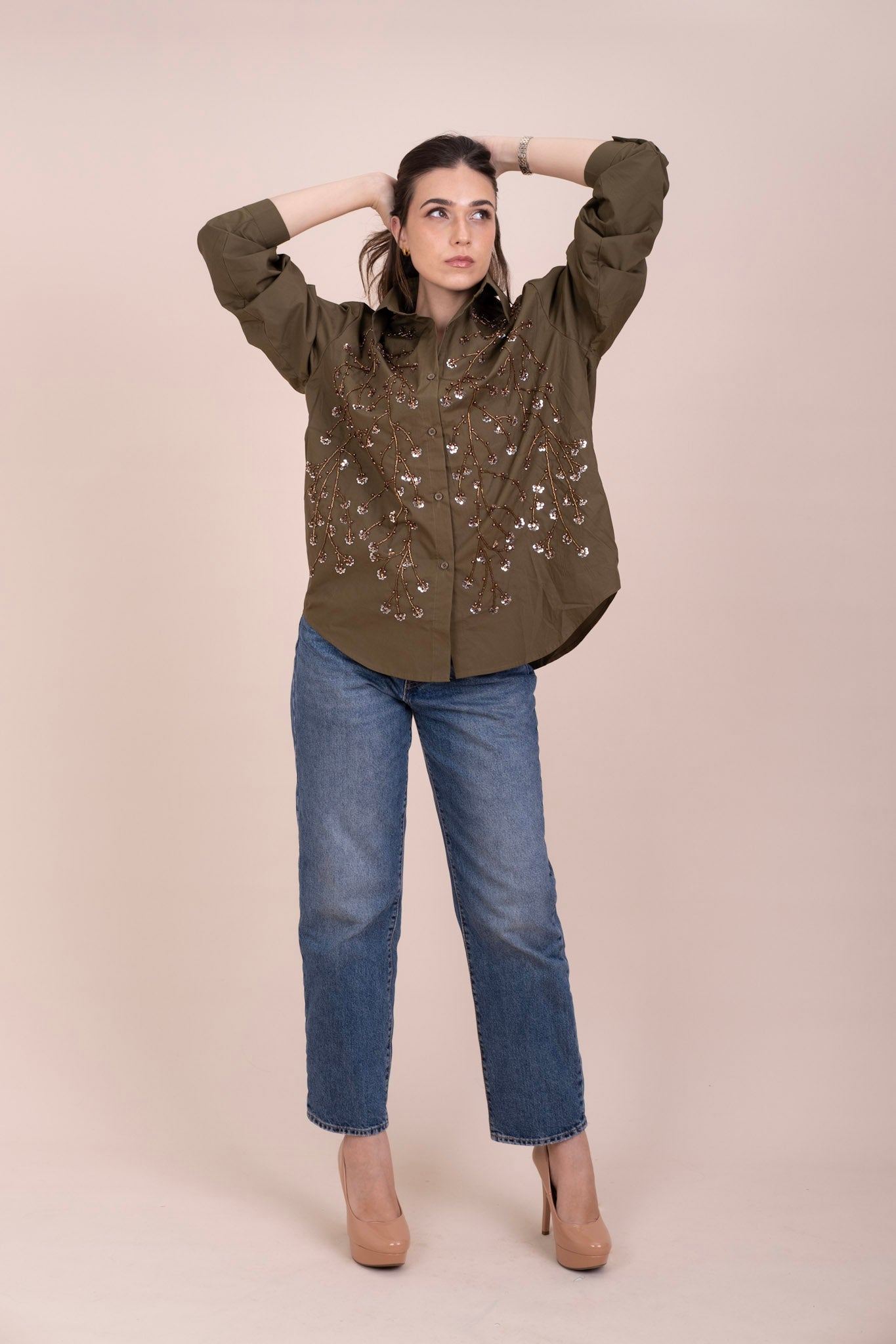 JUNIPER - OLIVE BEADED LINEN SHIRT