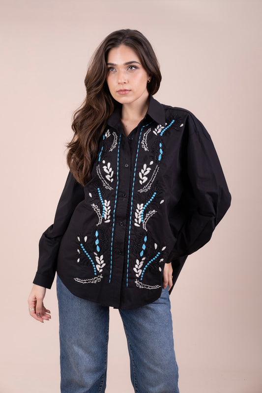 EBONY - BLACK EMBROIDERED LINEN SHIRT