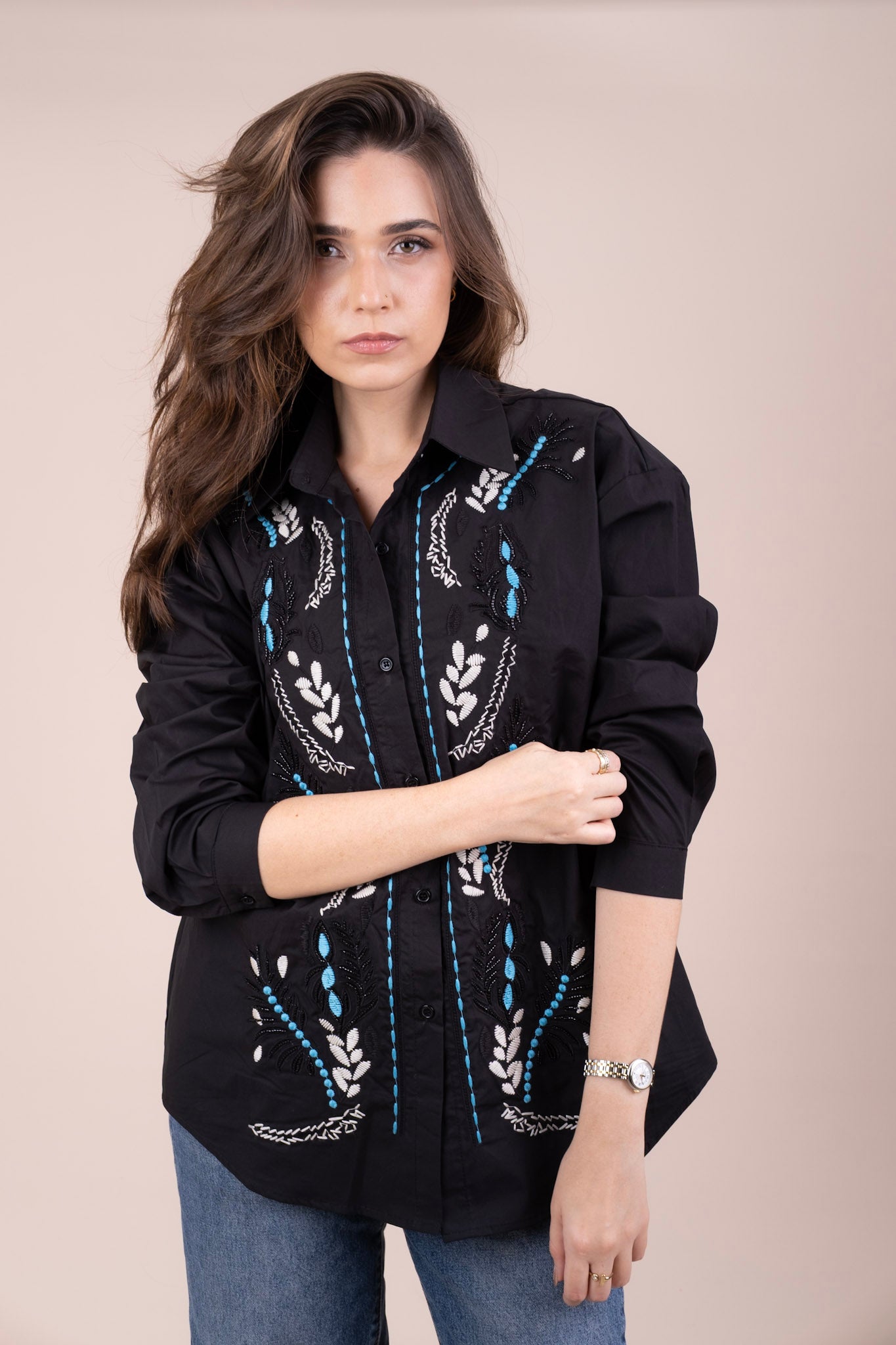 EBONY - BLACK EMBROIDERED LINEN SHIRT