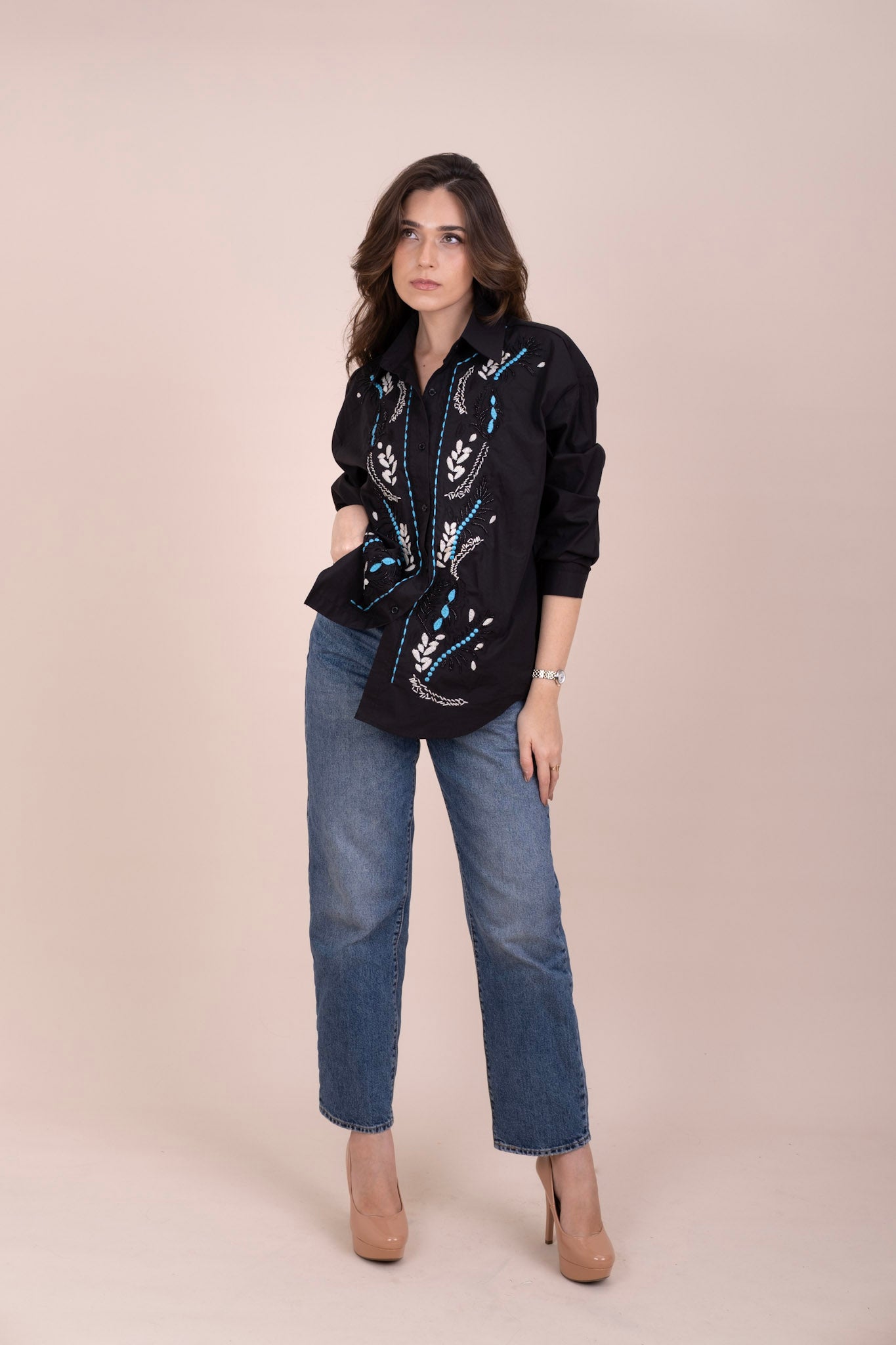 EBONY - BLACK EMBROIDERED LINEN SHIRT
