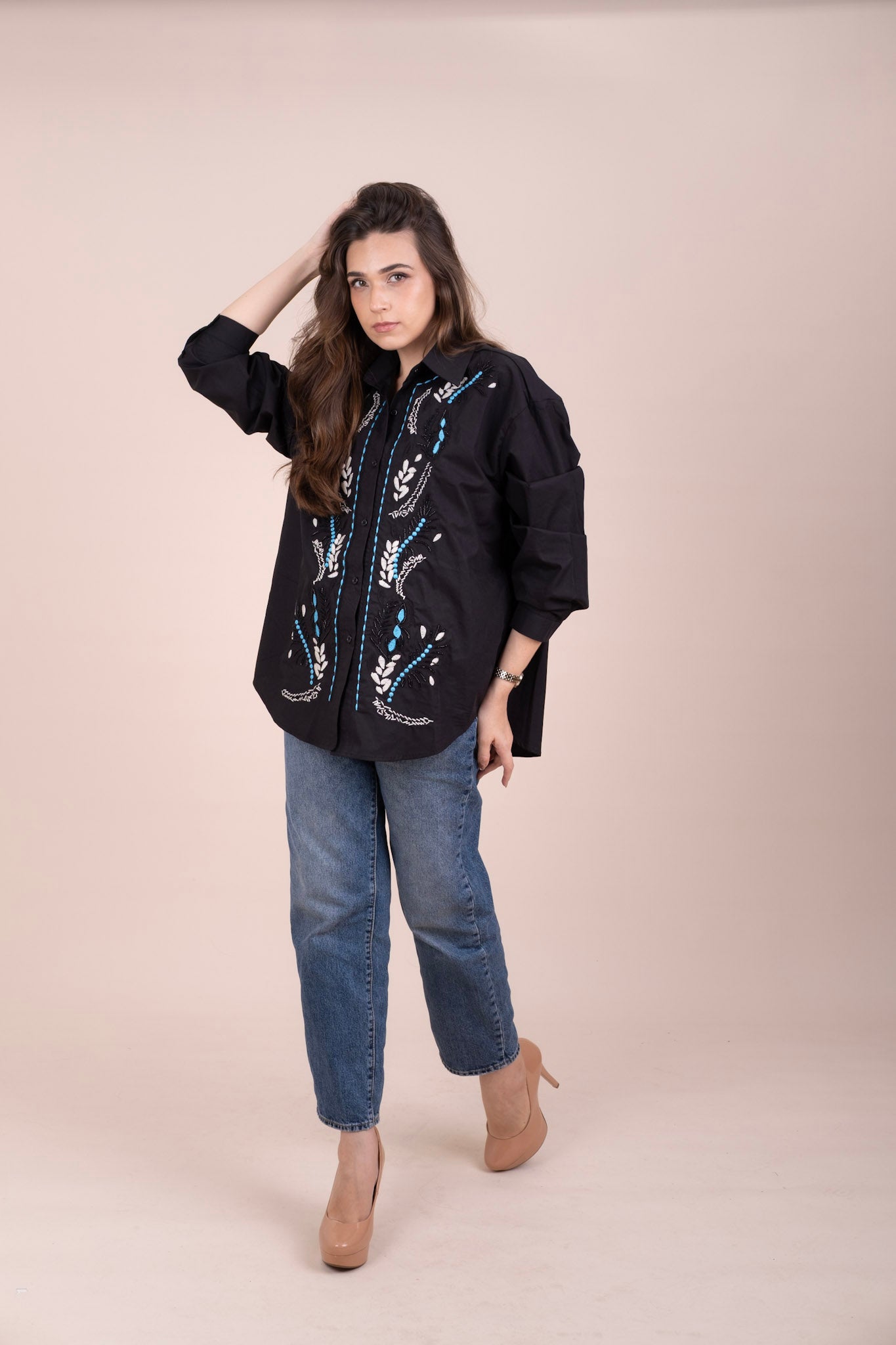 EBONY - BLACK EMBROIDERED LINEN SHIRT